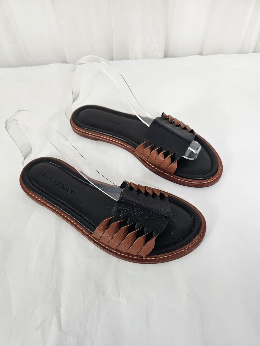 Ulla Johnson Ameya Twisted Contrast Leather Slide Sandals Brown Black Size 38